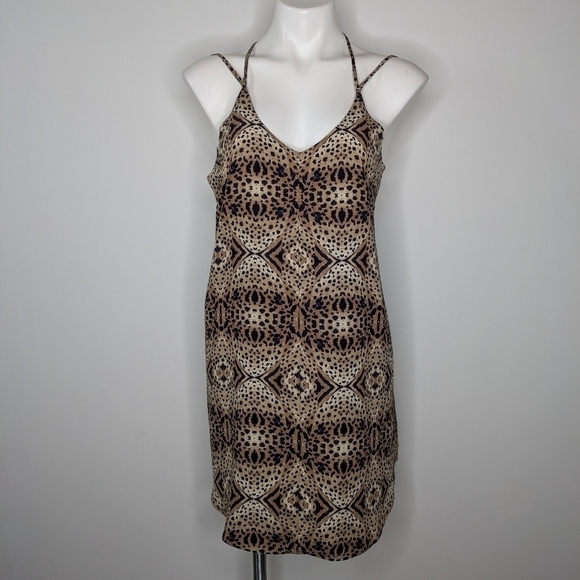 ASTR brown tan blue kaleidoscope cheetah animal print strappy mini dress S - Picture 2 of 9